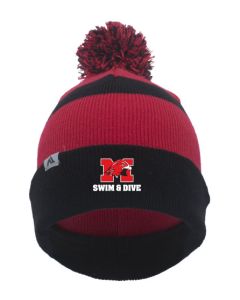 Maine South Augusta Knit Foldover Pom-Pom Beanie  Black/Red/Black